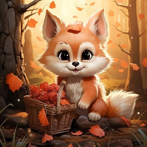 Little fox kitten hedgehog walking in the forest with baskets color bright style children's illustration symbolism --v 5.2 --s 250