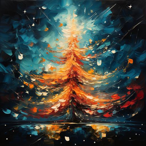 abstract painting in minimalist style resembling a decorated Christmas tree with lights painted with a broad brush --v 5.2 --s 250