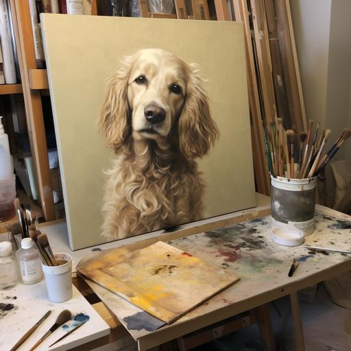 in process painting of a pet portrait, raw umber coloring, oil painting, not finished, under painting,