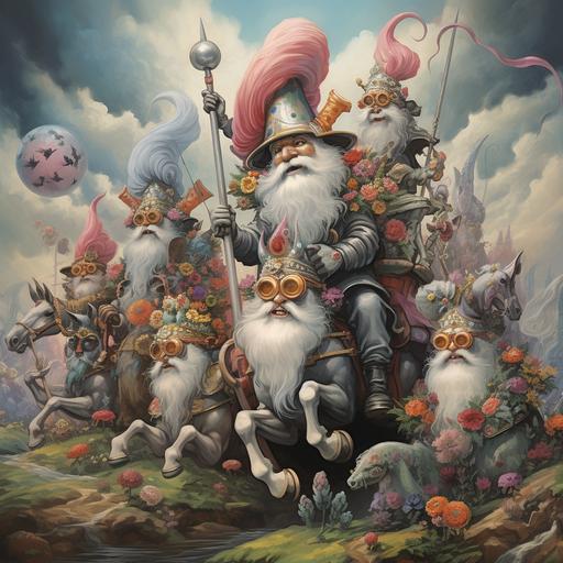 in psychedelic punk style an army of garden gnomes carrying a cartoon looking horse above their heads