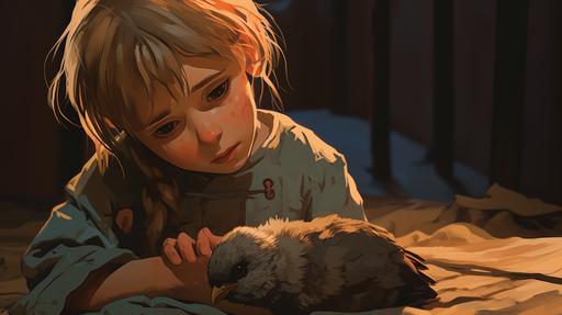 in simple anime 'marco' style, little russian girl crying and holding a dead really tiny bird --ar 16:9