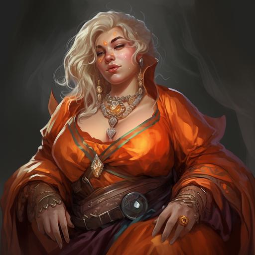 in the D&D 5e style, a morbidly obese elf woman dressed in orange royal robes with silver hair & an orange gem necklace