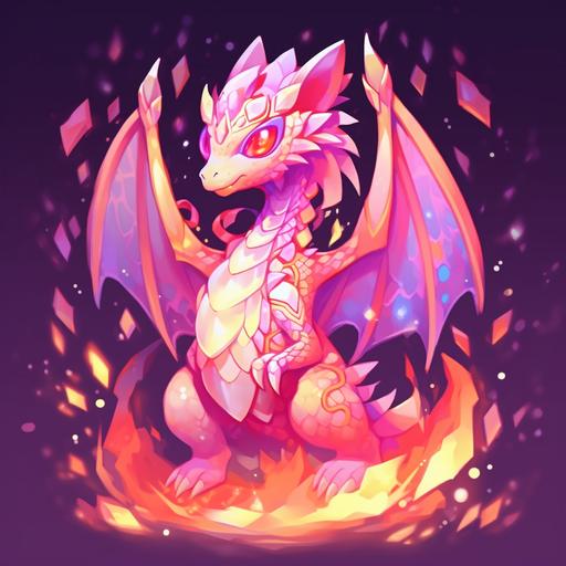anthro anthropomorphic dragon character, female, fire crystals, crystal horns, crystal spikes on tail, clawed hands and feet with five fingers and toes, wings made of fire crystal, fluorescent orange pink purple color scheme, neon orange pink purple fire elemental, 2D anime cartoon style, cell shading, gradient shading