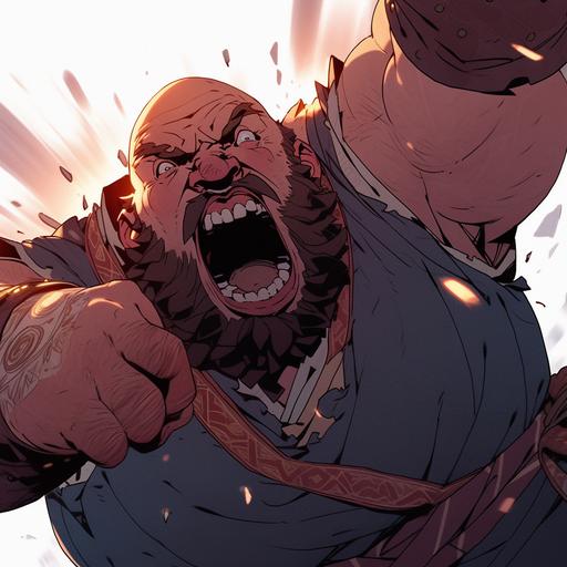 in the art style of Dungeons & Dragons, dynamic action pose. An enraged angry furious short morbidly obese fat balding Firbolg man yells in a tavern. Spit droplets rage. --niji 5
