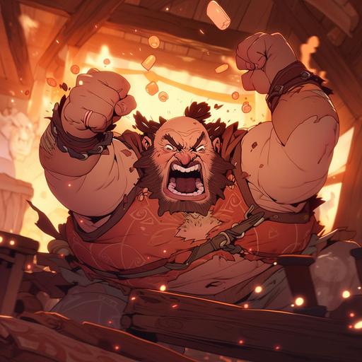 in the art style of Dungeons & Dragons, dynamic action pose. An enraged angry furious short morbidly obese fat balding Firbolg man yells in a tavern. Spit droplets rage. --niji 5
