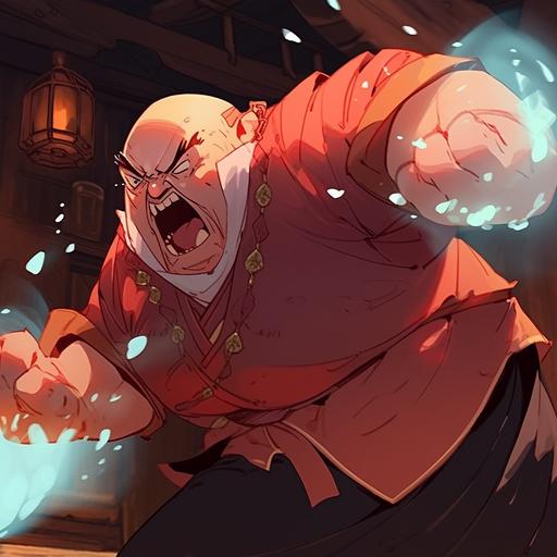 in the art style of Dungeons & Dragons, dynamic action pose. An enraged angry furious short morbidly obese fat balding man yells in a tavern. He looks like an older fatter Cartman from SouthPark. Spit droplets rage. --niji 5