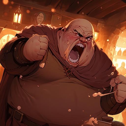 in the art style of Dungeons & Dragons, dynamic action pose. An enraged angry furious short morbidly obese fat balding man yells in a tavern. He looks like an older fatter Cartman from SouthPark. Spit droplets rage. --niji 5