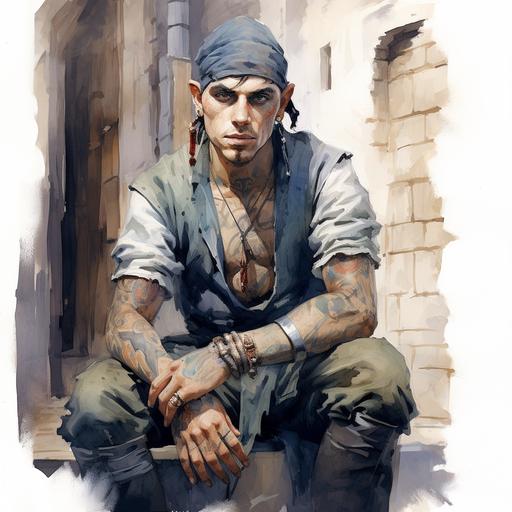 in the art style of Dungeons & Dragons watercolor oil painting. Dynamic action pose. A handsome tattooed bandit thug rogue thief elf with long pointy ears. Tattoos all over skin and body. Setting is medieval back alleyways streets shady location. He has a dagger in hand and a confident egotistical smile.  --v 5.2