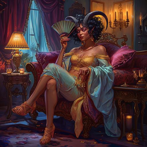 in the art style of Dungeons & Dragons. Dynamic provocateur pose. Full body image. Setting is colonial mansion living room. A mysterious exotic attractive horned Tiefling woman fanning herself with a fan. She has a devil's tail. Surrounded by decorative furniture, silk pillows, velvet curtains, lit candles. She is attractive and very curvaceous. Fashionable colorful nightgown and kitten-heel sandals. --chaos 5 --v 6.0