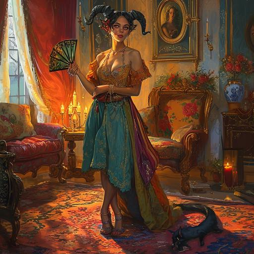 in the art style of Dungeons & Dragons. Dynamic provocateur pose. Full body image. Setting is colonial mansion living room. A mysterious exotic attractive horned Tiefling woman fanning herself with a fan. She has a devil's tail. Surrounded by decorative furniture, silk pillows, velvet curtains, lit candles. She is attractive and very curvaceous. Fashionable colorful nightgown and kitten-heel sandals. --chaos 5 --v 6.0