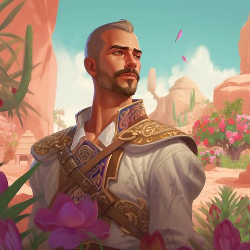 in the art style of Hearthstone and World of Warcraft, dynamic pose, a beautiful tan skinned Spanish male with buzz cut blonde hair, mustache, green hazel eyes, blush, Mexican culture fantasy attire, Setting is desert oasis in World of Warcraft. Detailed background. --v 5.1