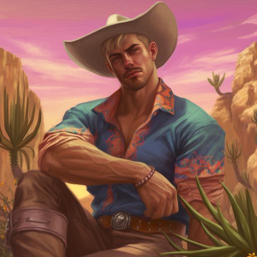 in the art style of Hearthstone and World of Warcraft, dynamic pose, a beautiful tan skinned Spanish male with buzz cut blonde hair, mustache, green hazel eyes, blush, Mexican culture fantasy attire, Setting is desert oasis in World of Warcraft. Detailed background. --v 5.1