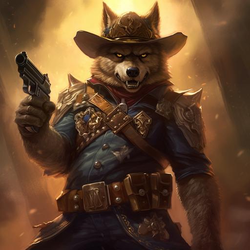 in the art style of Hearthstone, in the setting of World of Warcraft, imagine a scary menacing masculine muscular worgen wolf furry male dressed as a cowboy sheriff. Sheriffs badge golden star. Holding a gun. Setting is hacienda mexicana. Detailed background. --v 5.1
