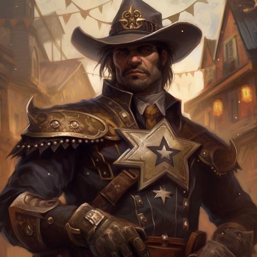 in the art style of Hearthstone, in the setting of World of Warcraft, imagine a scary menacing masculine muscular worgen male dressed as a cowboy sheriff. Sheriffs badge golden star. Holding a gun. Setting is small 1880s Mexican Wild West themed town --v 5.1