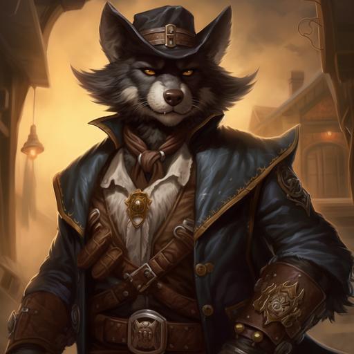 in the art style of Hearthstone, in the setting of World of Warcraft, imagine a scary menacing masculine muscular worgen male dressed as a cowboy sheriff. Sheriffs badge golden star. Holding a gun. Setting is small Wild West themed town. --v 5.1
