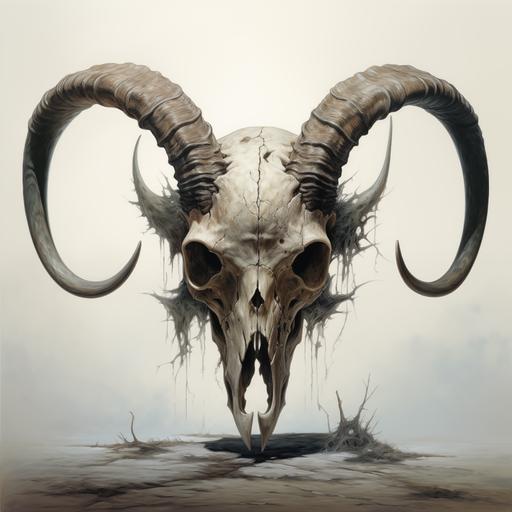 in the art style of Pierre-Yves Riveau, dynamic pose of a sinister looking goat skull growing out of the ground, large horns, sinister grin
