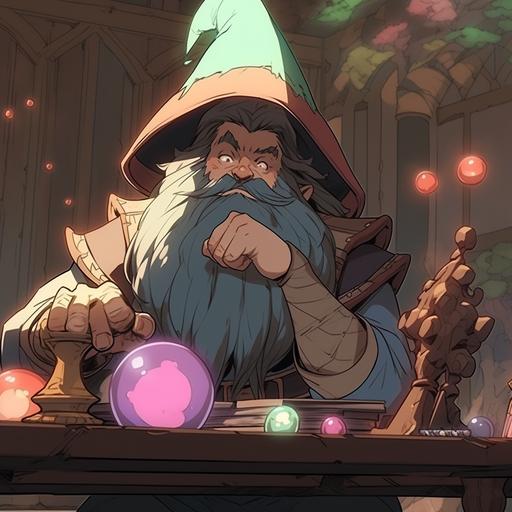 in the art style of dungeons and dragons, character is a neurotic bearded gnome wearing a pointed hat sitting down at a table. He has a magical orb. Second character is a male soldier standing behind him. --niji 5