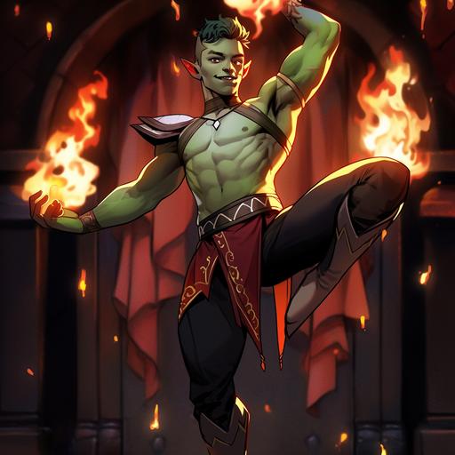 in the art style of dungeons and dragons, dynamic pose, a slender lean half-orc male, short highlighted dyed hair, he is an acrobat arcane trickster fire-dancer dressed in colorful harlequin circus acrobat outfit. he is putting on a show by the fireplace. Handstand. Dynamic action pose. He looks happy and buzzed.  --niji 5