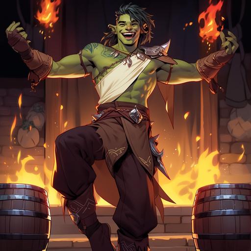in the art style of dungeons and dragons, dynamic pose, a slender lean half-orc male, he is an acrobat arcane trickster rogue dressed in colorful circus acrobat outfit. he is enjoying a drink by the tavern fireplace standing up. He looks happy and buzzed.  --niji 5