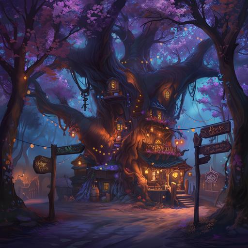 in the art style of dungeons and dragons, high contrast lighting, ambient, a massive magic tree with string lights wrapped between the branches and purple leaves. A massive tavern has been built inside the tree. Sign posts in fantasy language. Stained glass windows. Fork in the road, directional sign posts. Setting is the middle of enchanted woods. --chaos 7 --v 6.0