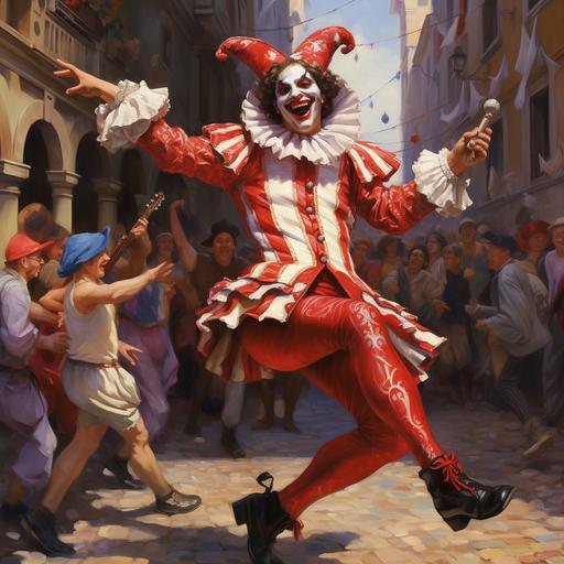in the art style of dungeons and dragons realism oil painting, dynamic action scene, a short male jester harlequin man wearing a jester's hat. He is playful and entertains a crowd. He wears red & white extravagant renaissance Italian masquerade style jester costume and mask. Setting is 1600s market square --v 5.2