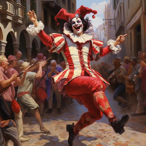 in the art style of dungeons and dragons realism oil painting, dynamic action scene, a short male jester harlequin man wearing a jester's hat. He is playful and entertains a crowd. He wears red & white extravagant renaissance Italian masquerade style jester costume and mask. Setting is 1600s market square --v 5.2