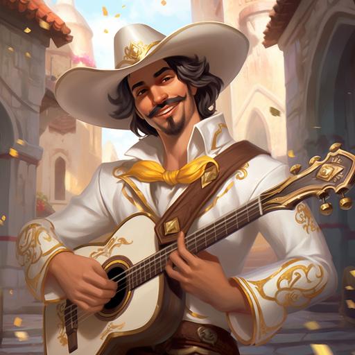 in the art style of fortnite and World of Warcraft, a handsome smiling Mexican man with mid-length kpop hair. He is wearing a white velvet and gold charro suit and sombrero and playing his guitar in a Spanish courtyard. Stylized for World of Warcraft. --v 5.1