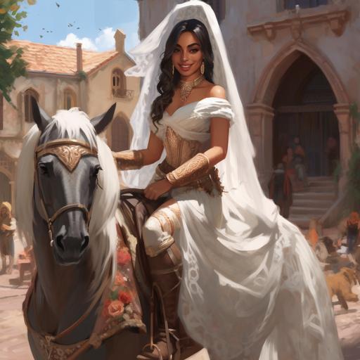 in the art style of fortnite and World of Warcraft, a blushing Mexican Bride female riding a horse. She is smiling and tan skinned. Wearing a long lace veil. she is holding a pistol. 1800s Spanish courtyard in an old villa town. Stylized for World of Warcraft. --v 5.1