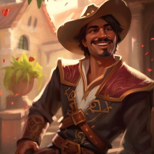 in the art style of fortnite and World of Warcraft, a handsome smiling tan skin Mexican man. He is wearing a dark red velvet and bronze charro suit and sombrero and wearing his black guitar on his back. He is waking through a Spanish courtyard. Stylized for World of Warcraft. --v 5.1