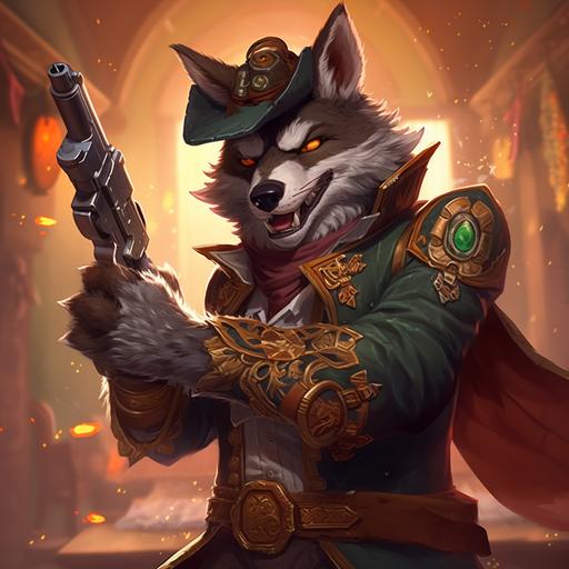 in the art style of fortnite and world of Warcraft, a muscular wolf furry male wearing charro Mexican mariachi attire. He is shooting his gun --v 5.1