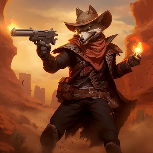 in the art style of fortnite and world of Warcraft, a Worgen male wearing charro Mexican mariachi attire. He is shooting his gun in Badlands World of Warcraft desert --v 5.1