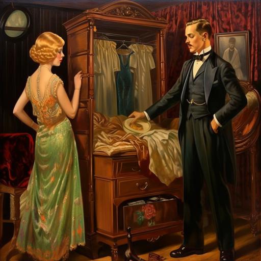 in the bedroom of an elegant man he shows a women with blonde hair in flapper 1920s clothing his large open cabinet with fancy clothing hanging inside. another man stands near the bed.