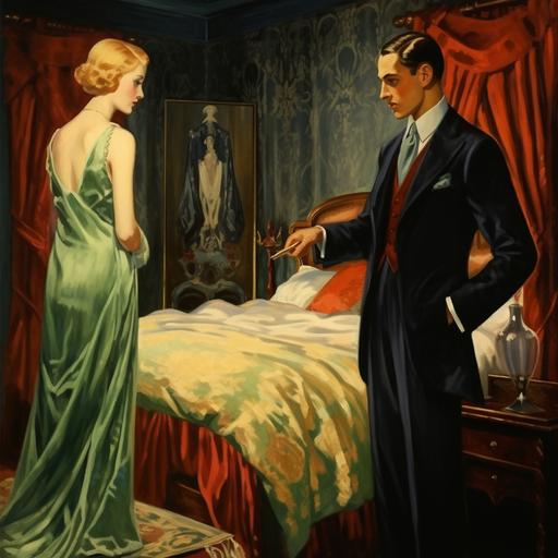 in the bedroom of an elegant man he shows a women with blonde hair in flapper 1920s clothing his large open cabinet with fancy clothing hanging inside. another man stands near the bed.