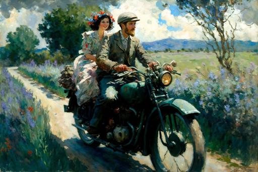 in the early twentieth century a man-on-a-motorcycle-with-his-girlfriend-riding-in-the-back-seat travels down a road in the south of France surrounded by overgrown-flowers and wild-folage with heavy-clouds-in-a-muted-blue-sky early-twentieth-century-impressionist-french-inspired-art impressionist-oil-painting-with-heavy-paint-texture mournful-and-muted-color-scheme rendered on a wood panel that is very aged and showing through the oil paint along the edges in a few spots --ar 3:2