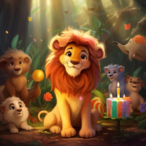 in the enchanted forest the young and happy lion Leo celebrates his birthday with his animal friends pixar style--seed 2944063402