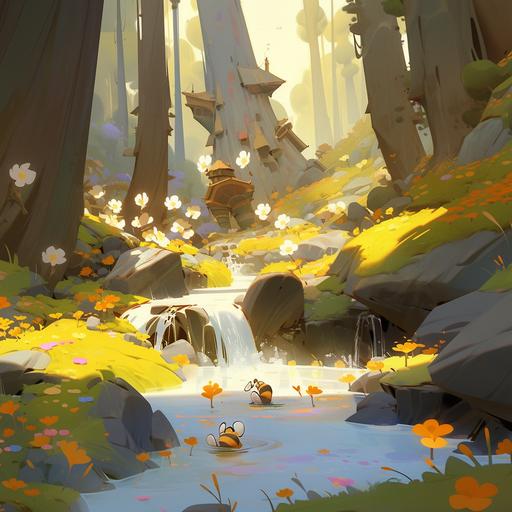 in the environment concept art from Cuphead, bees, forest, heaven nature, a river, hope, sun, A well-defined path leading to the horizon, Bordered by flowers and lush vegetation, Splashes of magical golden light Twinkling, sparkling stars, Please include bees flying around the hives, Generate a scene with four bees moving around the hives, Make sure the bees look like the ones in the Cuphead game, with a cute, cartoony feel, Show the bees going in and out of the hives, simulating animated activity, Create hives that look like a small town, with openings for the bees and a distinctive hexagonal structure, horizon, mountain --niji 5 --style expressive