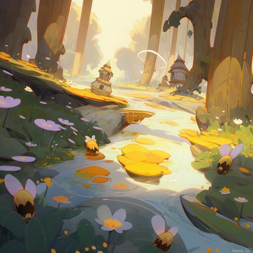 in the environment concept art from Cuphead, bees, forest, heaven nature, a river, hope, sun, A well-defined path leading to the horizon, Bordered by flowers and lush vegetation, Splashes of magical golden light Twinkling, sparkling stars, Please include bees flying around the hives, Generate a scene with four bees moving around the hives, Make sure the bees look like the ones in the Cuphead game, with a cute, cartoony feel, Show the bees going in and out of the hives, simulating animated activity, Create hives that look like a small town, with openings for the bees and a distinctive hexagonal structure --niji 5 --style expressive