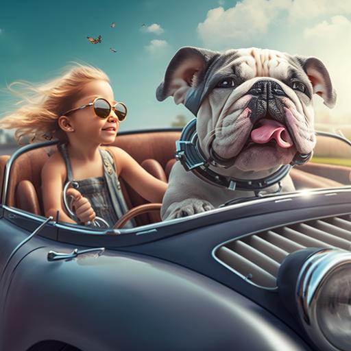 in the foreground fat cute dog driving a sports car with his ears in the wind with a pretty little girl next to him. real image, well detailed image, high resolution image, 3D image