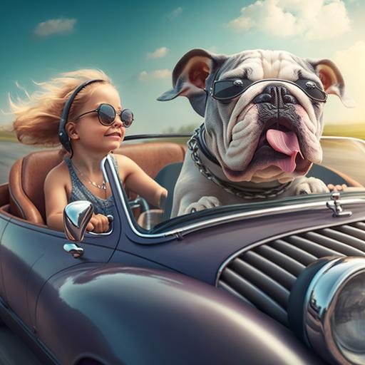 in the foreground fat cute dog driving a sports car with his ears in the wind with a pretty little girl next to him. real image, well detailed image, high resolution image, 3D image