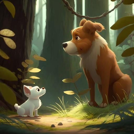 in the forest,max, a cute brown dog meet a small white dog named leo, animated style