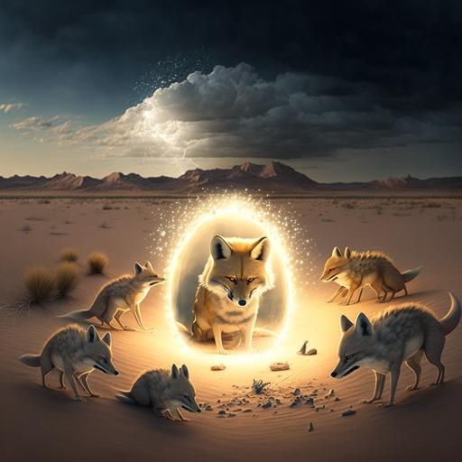 in the mexican desert a pack of coyotes circle a sandshrew as it triesto dig underground, lightning strikes in the distance --v 4