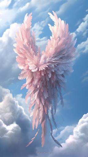 in the sky, angels team, clouds, feathers, beautiful sky, photo, light background, detailed, realistik --ar 9:16 --s 750 --v 5.1