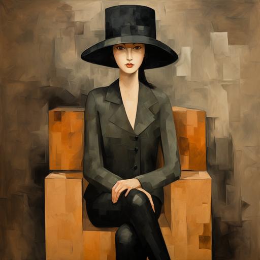 in the style of Amedeo Modigliani, a lady is sitting on a chair, holding a cardboard box. Inside the cardboard box is a hat and a glove – – ar 5:8