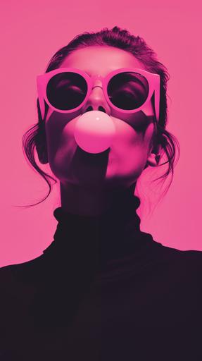 in the style of Anthony Burrill, portrait of a women blowing a bubble gum, wearing neon sunglasses, zommed out, full body, zoomed out, --v 5.2 --ar 9:16