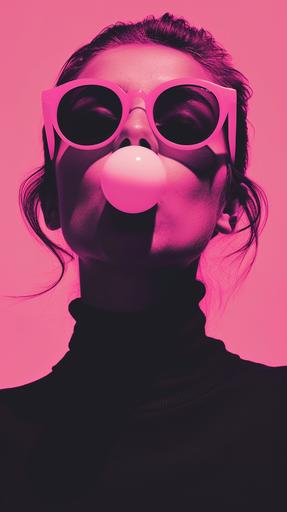 in the style of Anthony Burrill, portrait of a women blowing a bubble gum, wearing neon sunglasses, zommed out, full body, zoomed out, --ar 9:16 --v 6.0