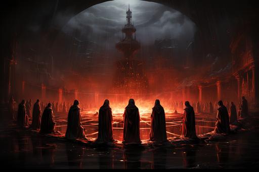 in the style of Luis Royo a darkend temple of evil and a council of too many wizards in red-robes sitting in a circle summoning a pit-fiend Luis Royo dynamic lighting neon-glow octane-oil colorful --ar 3:2 --s 750 --c 15 --v 5.2