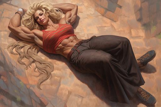 in the style of Mark Keathley vibrant exaggeration, trendercore, black leather midi skirt, shiny, exaggerated, Full body, Babylonian, muscular female fantasy bodybuilder, hips in air, lying on back, belly up, yoga, dwarvish proportions, thick short legs, long torso, big head, very long curly blond hair, multiple big braids, thick eyebrows, big long nose, freckles, thick waist, wide hips, dark skin, appalachian vaporwave --ar 3:2 --niji 5