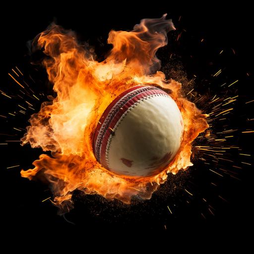 in the style of a Nickelodeon cartoon, a cricket ball has been hit so hard that is has caught fire whilst travelling in the air