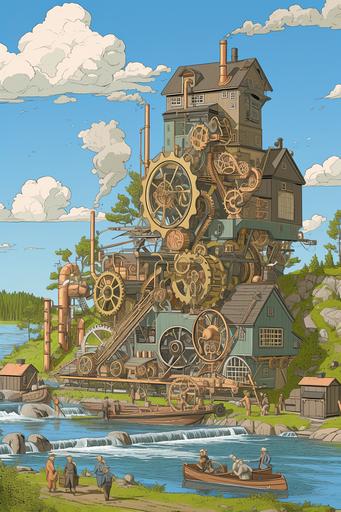 in the style of a Tintin cartoon, a several buildings tall steampunk engine with very many cogwheels, levers and pipes in brass and copper across a major river in Northern Sweden during summer, 19th century techno-optimism, beautiful nature, exquisite engineering --niji 6 --ar 2:3 --no chimney, smoke stack