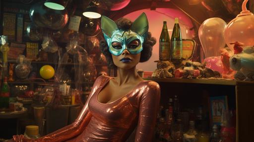 in the style of a comic book cover a photo of a futuristic Eartha kitt in a surreal alien garage sale surrounded by the mutiverse,selling wine and gold, wearing a cat suit, the interior of the garage sale has neon lights, sale posters, sale signs, detailed, 4k --ar 16:9